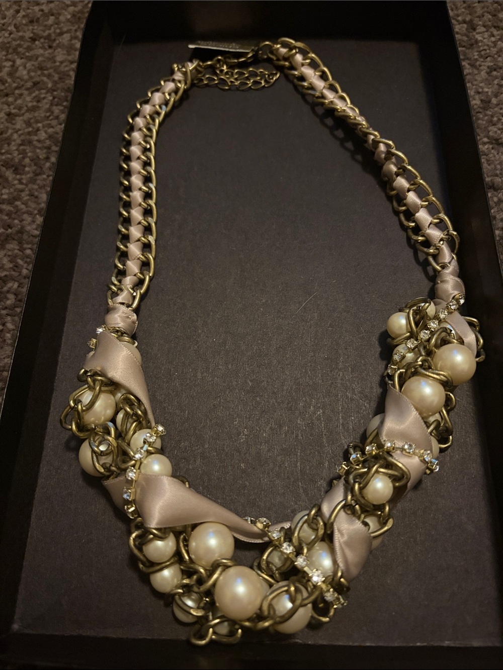 Chico's Taupe Ribbon, Pearl & Gold-Tone Chain Necklace